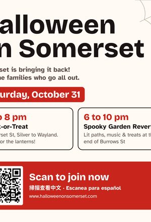 Square social flyer with QR code, white & red
